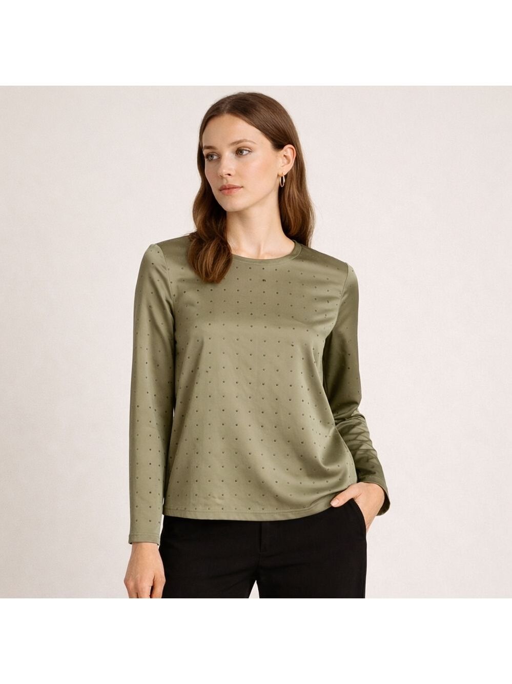 NWT Stark X Olive Studded Satin Long Sleeve Top | Quiet Luxury Minimalist Chic L